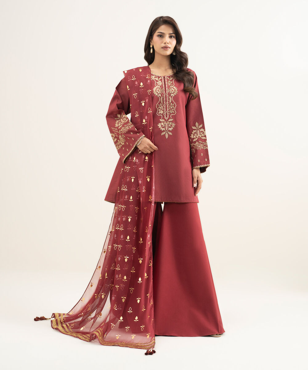 Women's Unstitched Zari Lawn Embroidered Red 3 Piece Suit