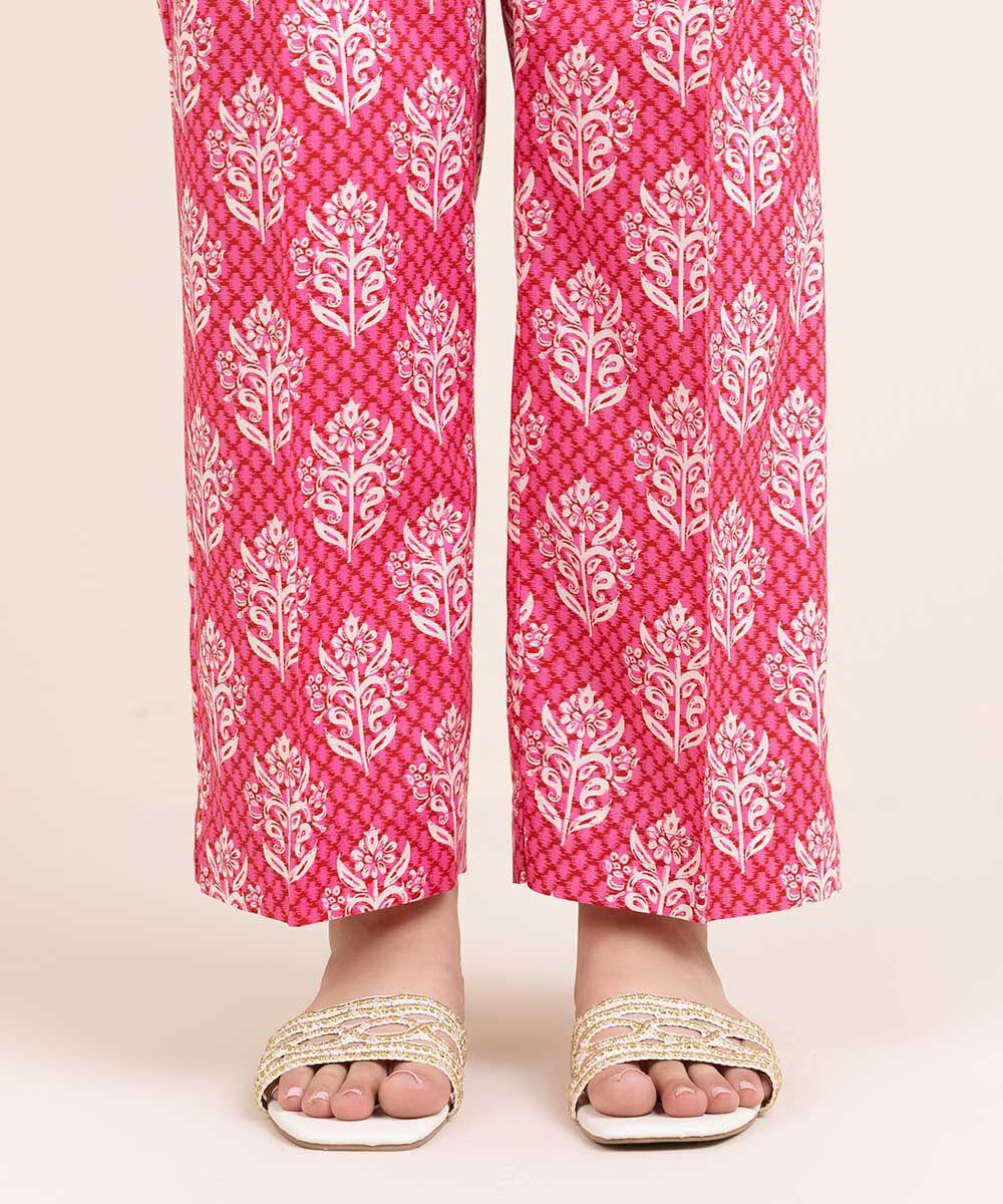 Woman - Red Printed Cambric Straight Pants