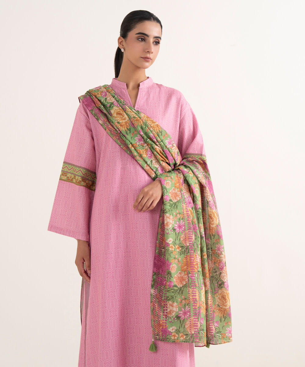 Women's Unstitched Light Khaddar Printed Pink Three Piece Suit