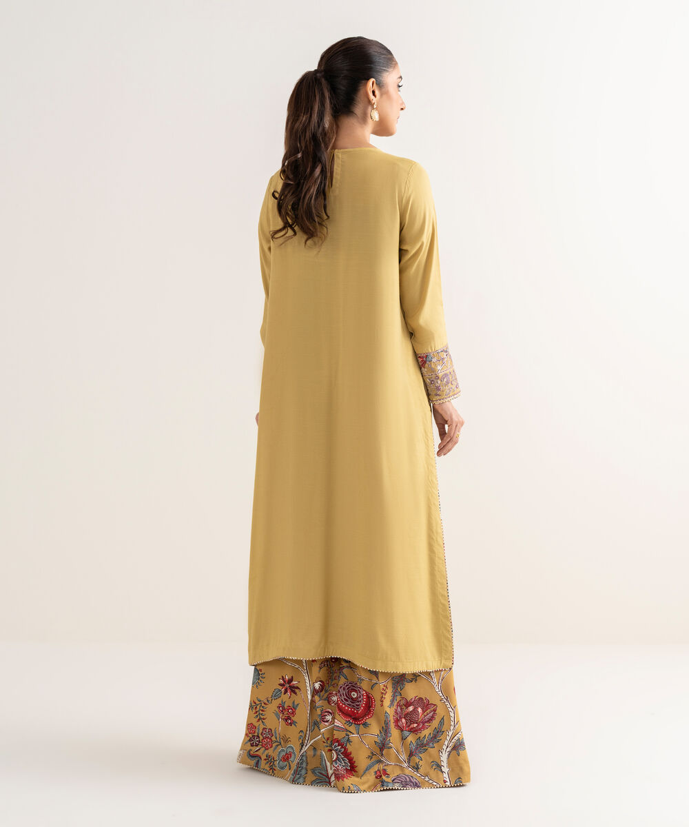 Women's RTW Viscose Raw Silk Yellow Embroidered A-Line Shirt