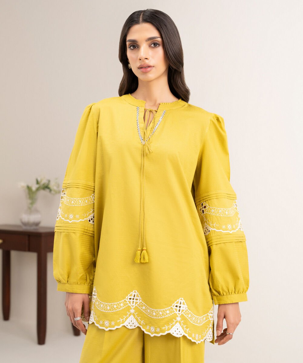 Women's RTW Dobby Embroidered Yellow Straight Shirt