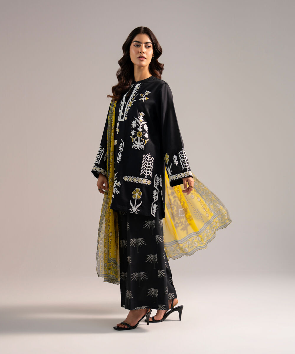 Women's RTW Dobby Embroidered Black 3 Piece Suit
