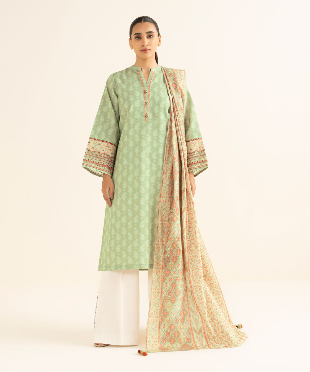 Women's Unstitched Light Khaddar Embroidered Green 2 Piece Suit