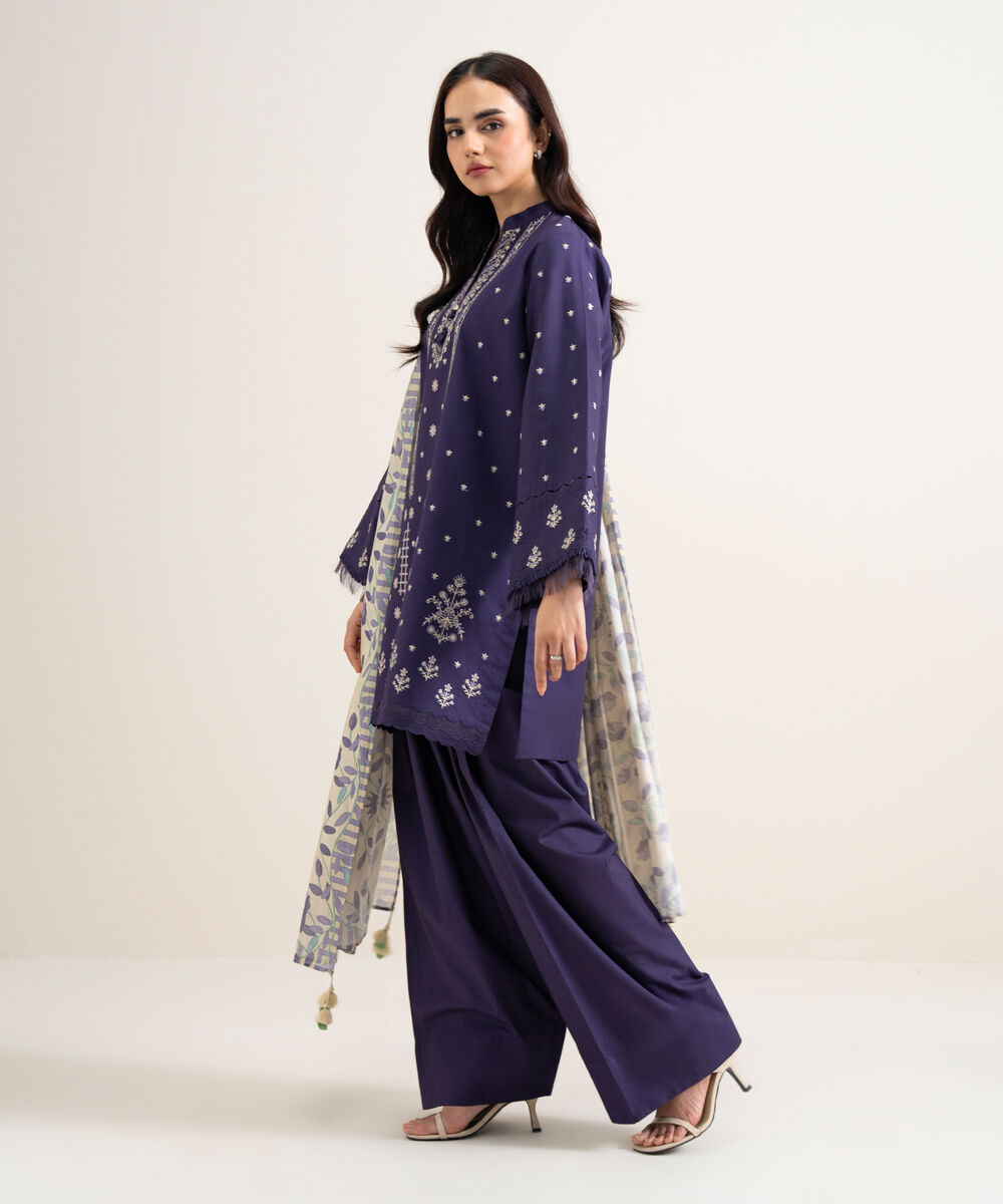 Women's Unstitched Lawn Embroidered Blue  3 Piece Suit