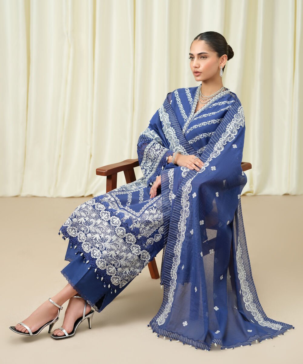 Women's Unstitched Muslin Embroidered Blue 3 Piece Suit