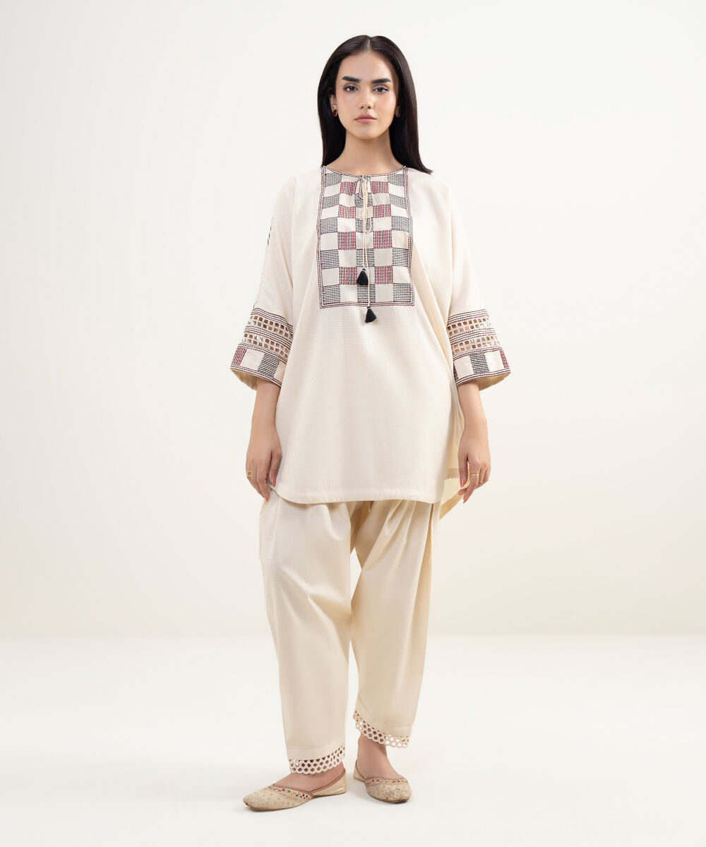 Women's RTW Dobby Embroidered Off White Drop Shoulder Shirt