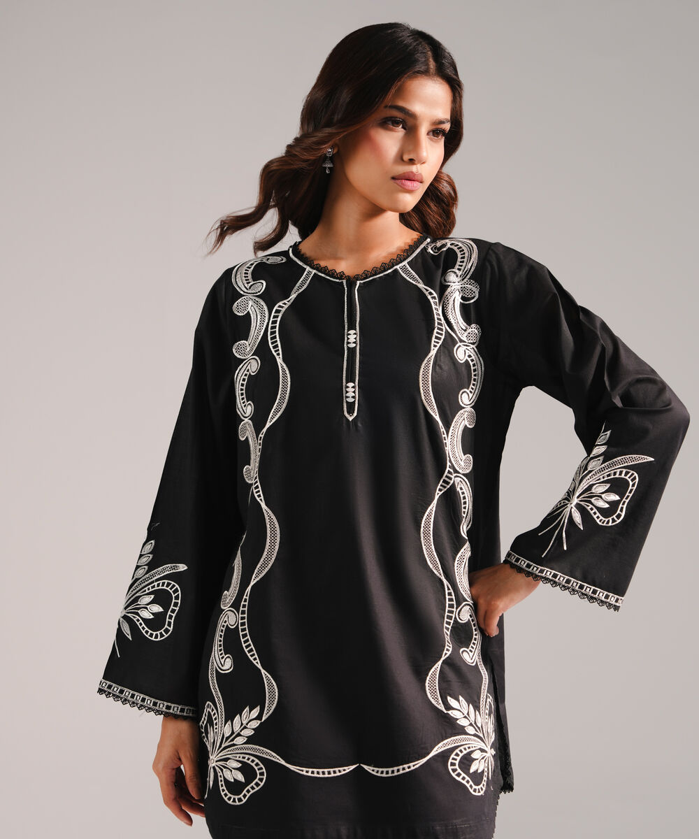 Women's RTW Slub Lawn Embroidered Black Straight Shirt