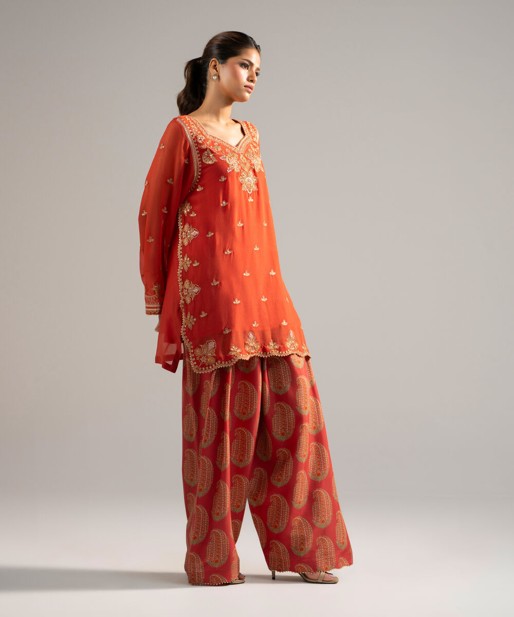 Women's RTW Chiffon Embroidered Rust 2 Piece Suit