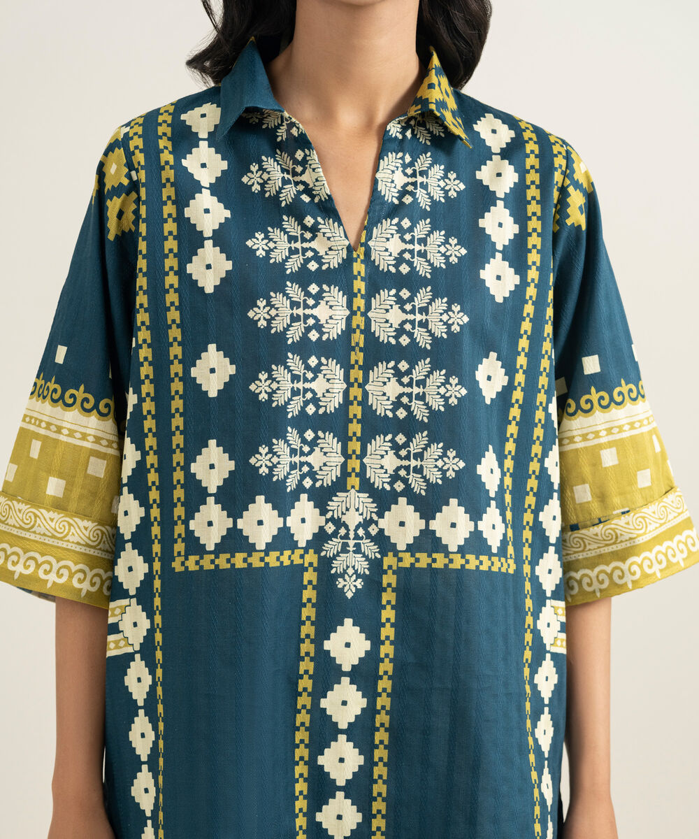 Women's RTW Textured Cotton Printed Blue A-Line Shirt