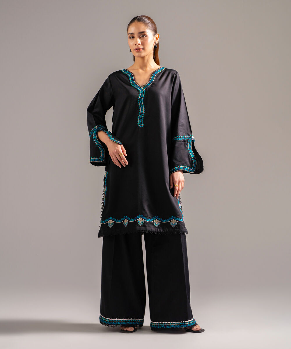 Women's RTW Cotton Satin Embroidered Black 2 Piece Suit