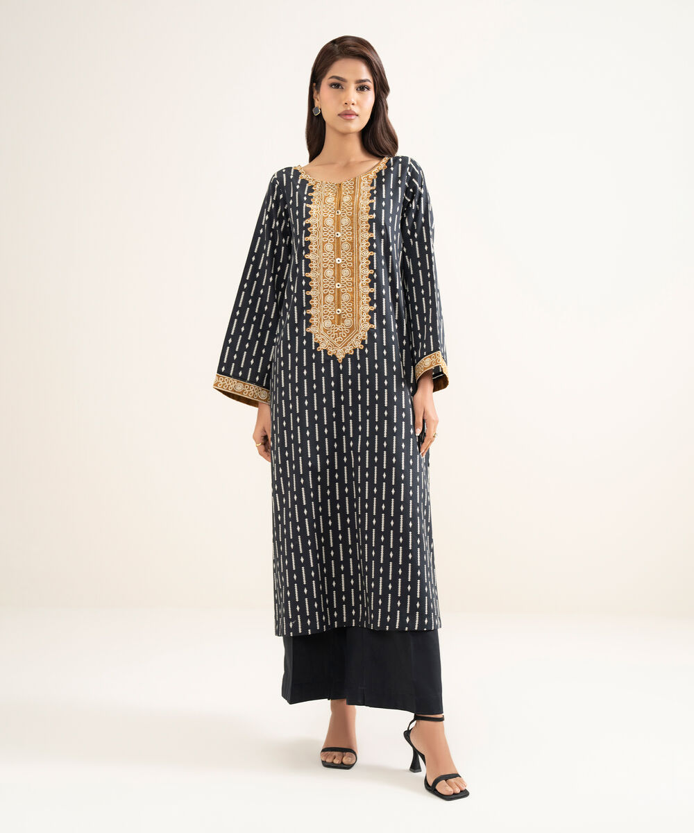 Women's RTW Lawn Embroidered Black A-Line Shirt