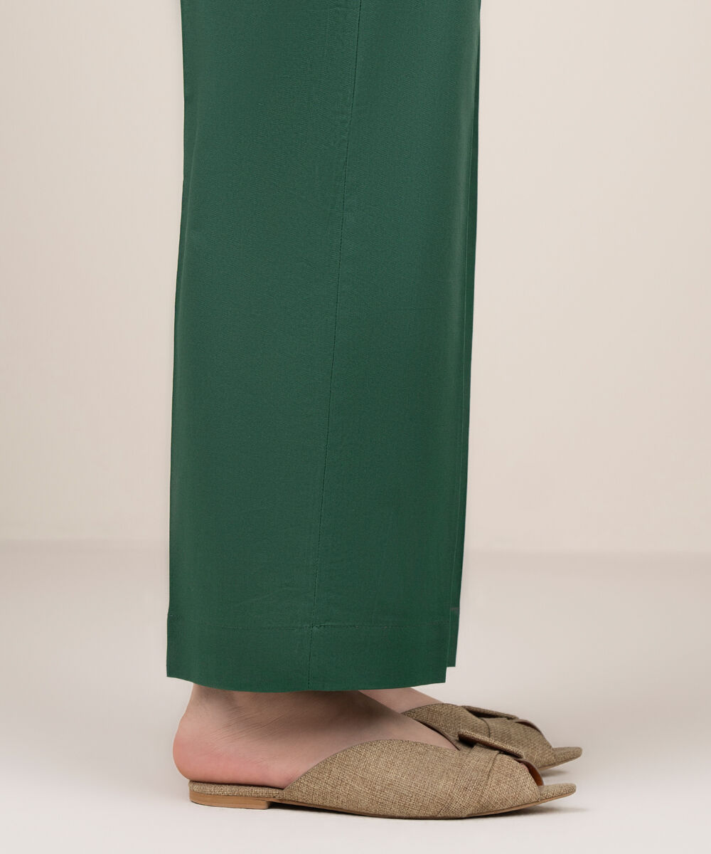 Women's RTW Cotton Solid Green Straight Pants