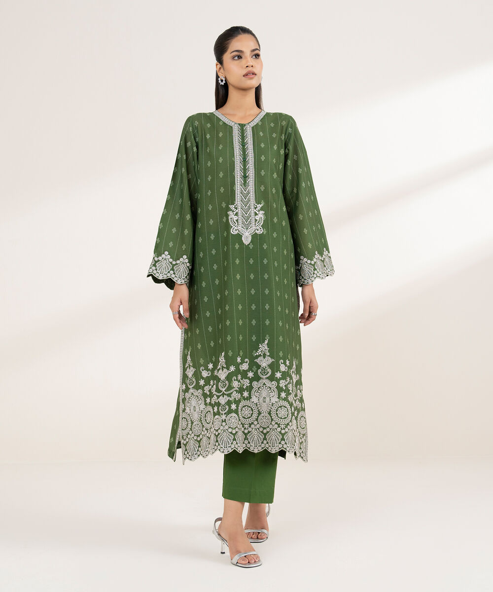 Women's RTW Lawn Green Embroidered A-Line Shirt