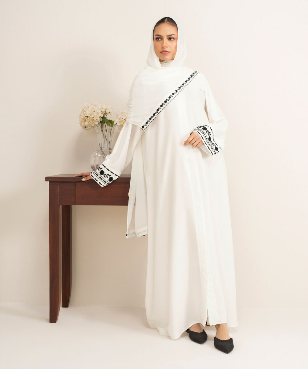 Women's White Color Block Embroiderd Abbaya Set