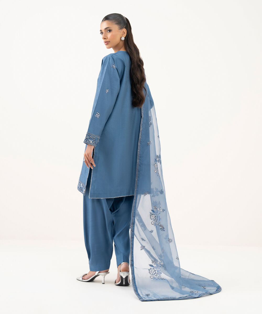 Women's RTW Blended Silk Cotton Net Embroidered Blue Three Piece Suit