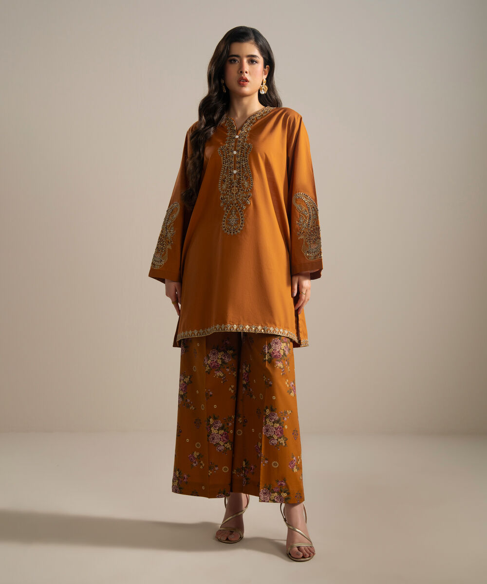 Women's RTW Slub Lawn Embroidered Brown Straight Shirt