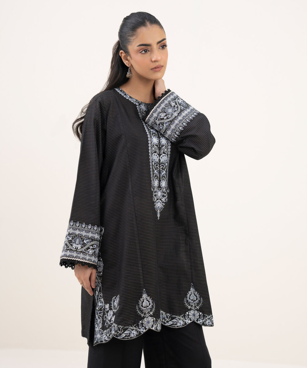 Women's RTW Cotton Embroidered Straight Black Shirt