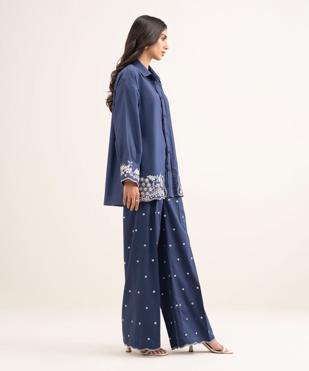 Women's RTW Dobby Embroidered Blue Drop Shoulder Shirt