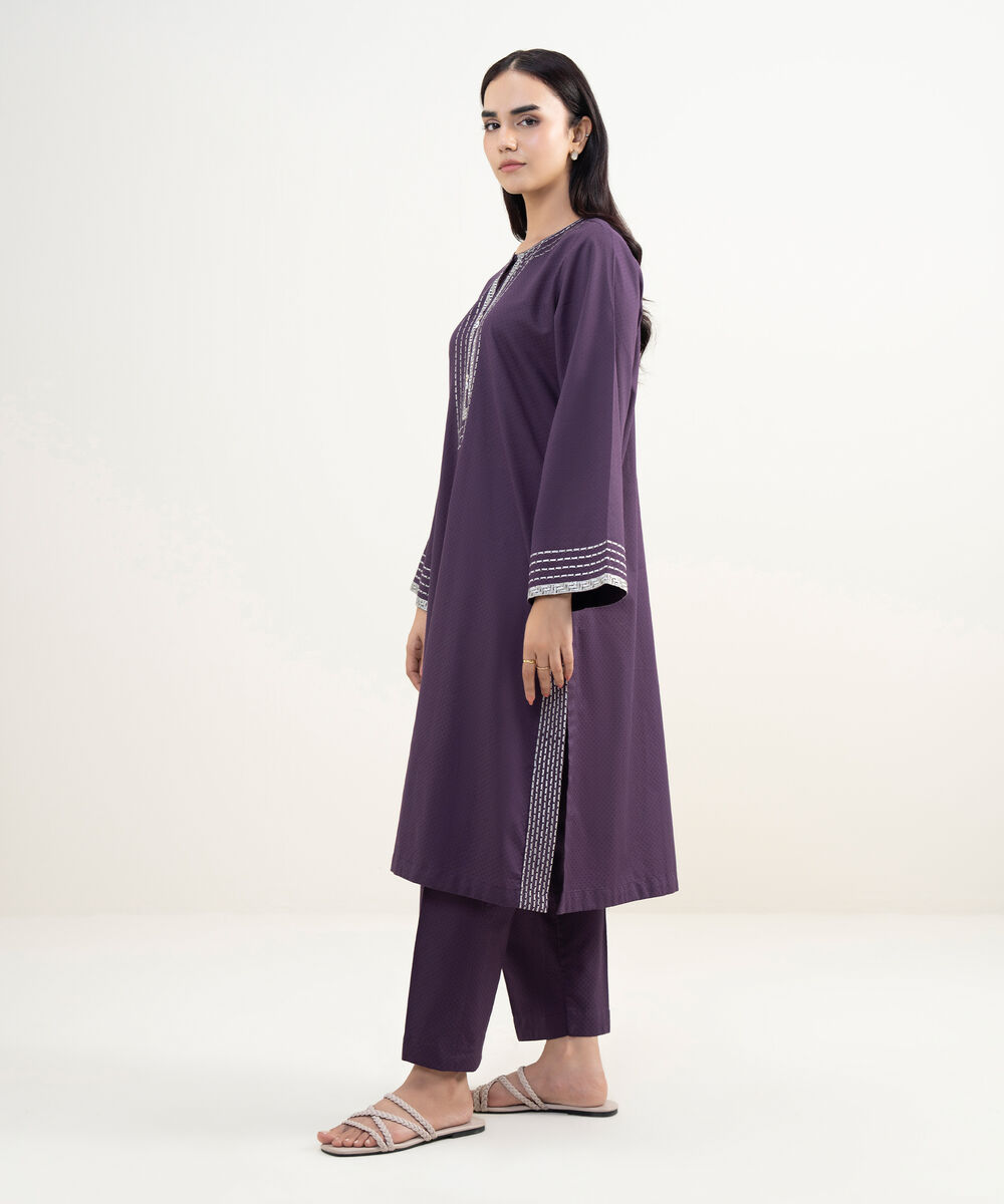 Women's RTW Dobby Embroidered Purple A-Line Shirt