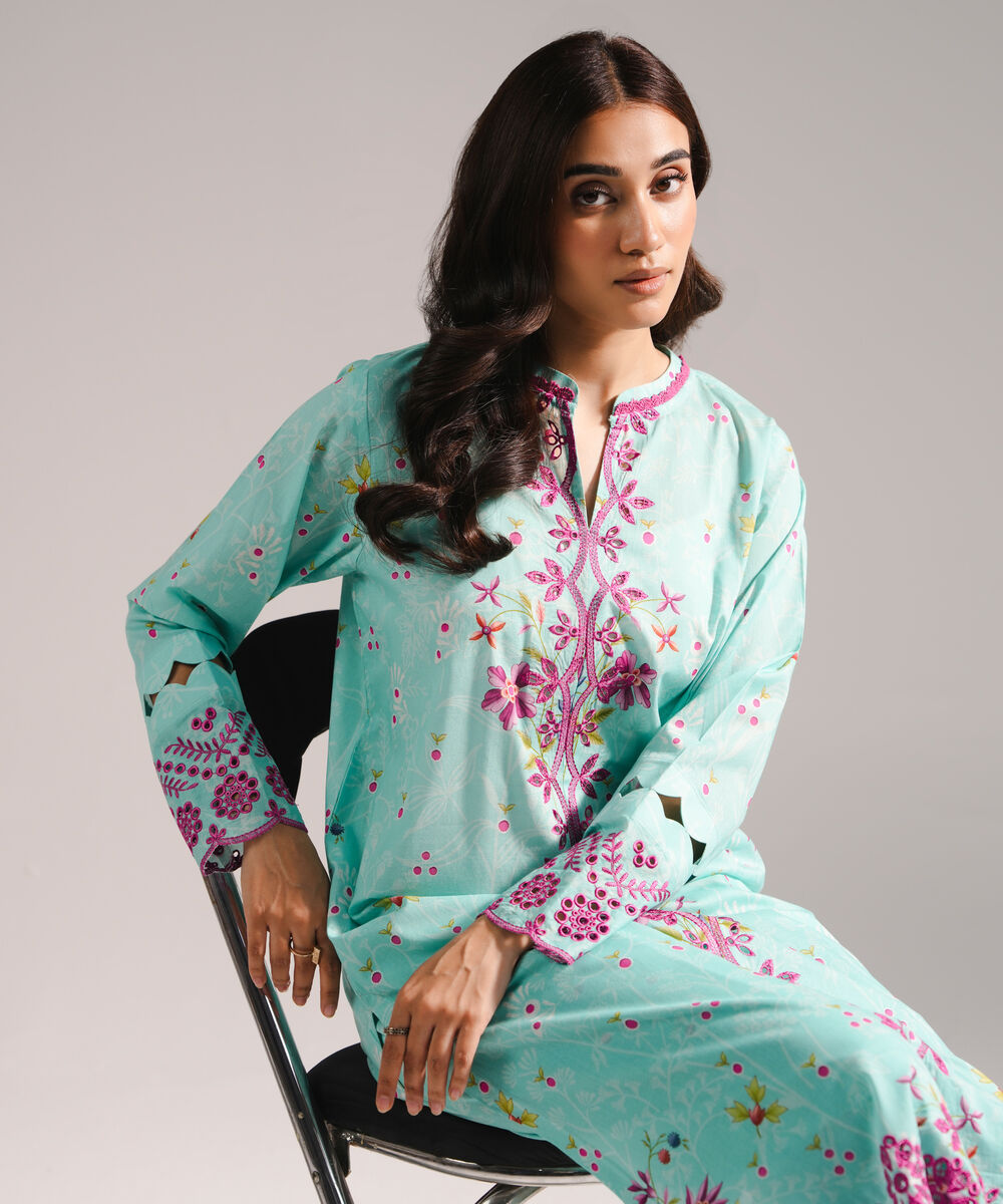 Women's RTW Lawn Embroidered Straight Turquoise Shirt