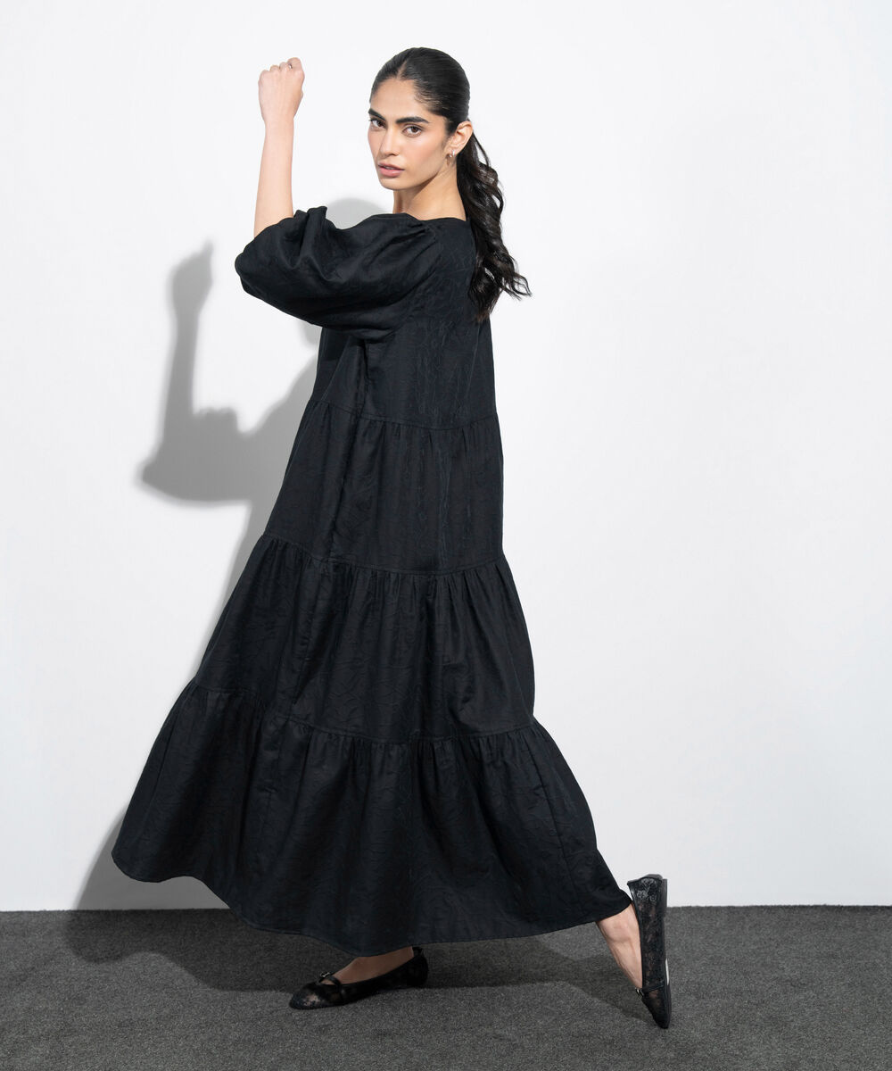 Women's Western Black Floral Textured Jacquard Dress