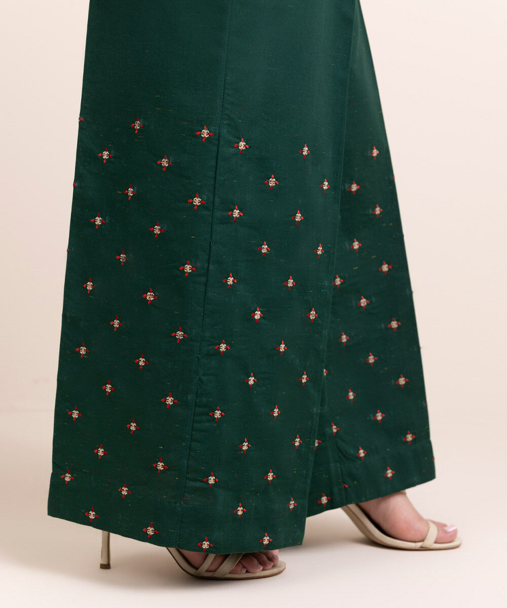 Women's Pret Multineps Green Embroidered Flared Pants