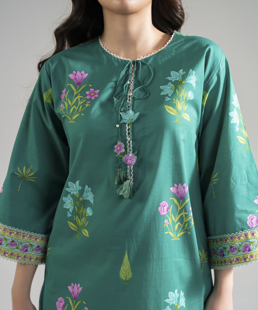 Women's RTW Slub Lawn Printed Green Drop Shoulder Shirt