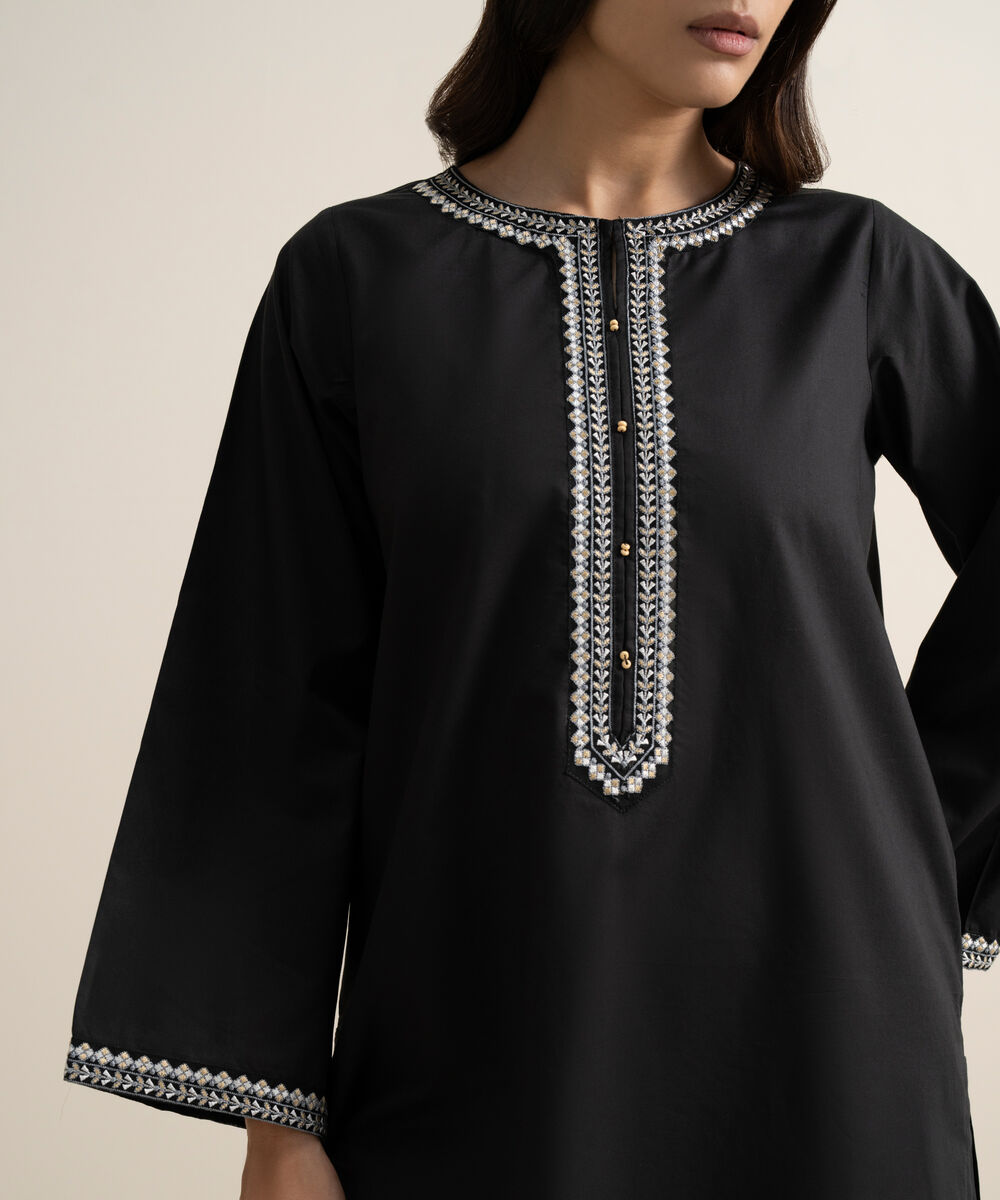 Women's RTW Cambric Embroidered Black Straight Shirt