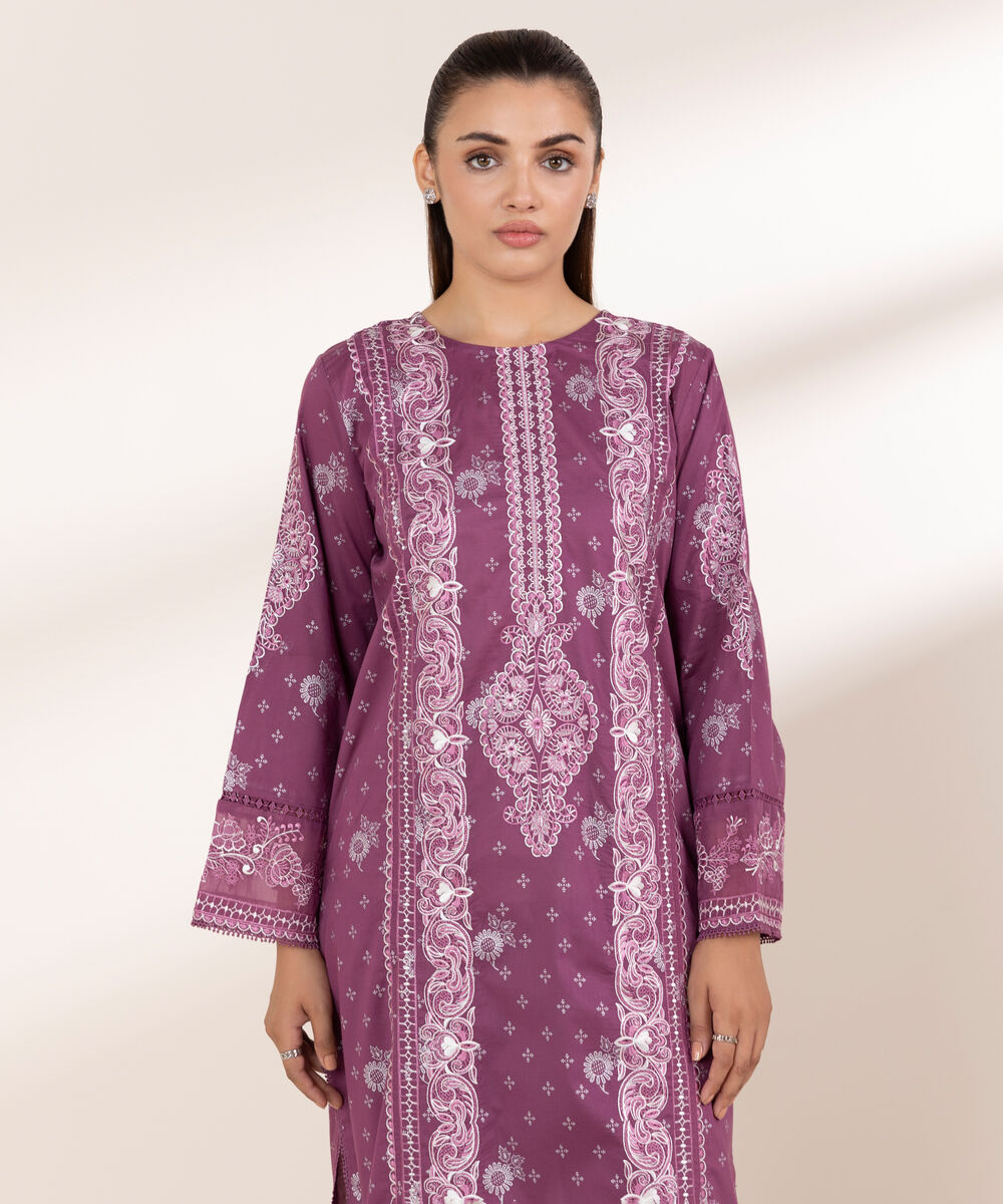 Women's RTW Lawn Purple Embroidered A-Line Shirt