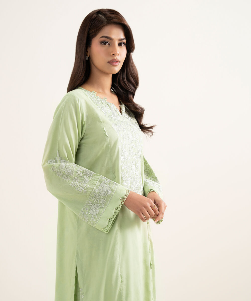 Women's RTW Self Jacquard Embroidered Green A-Line Shirt