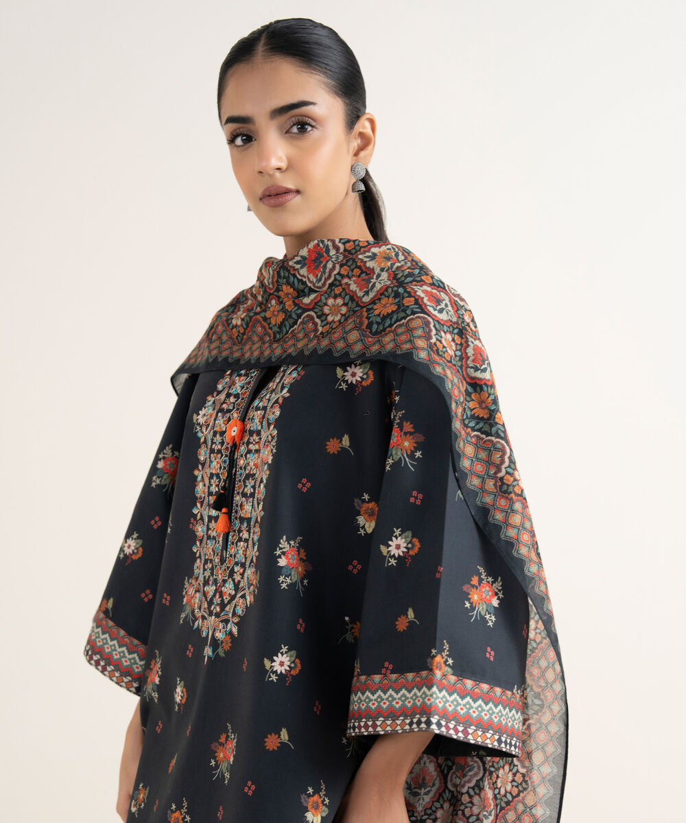 Women's Unstitched Cotton Embroidered Black  3 Piece Suit