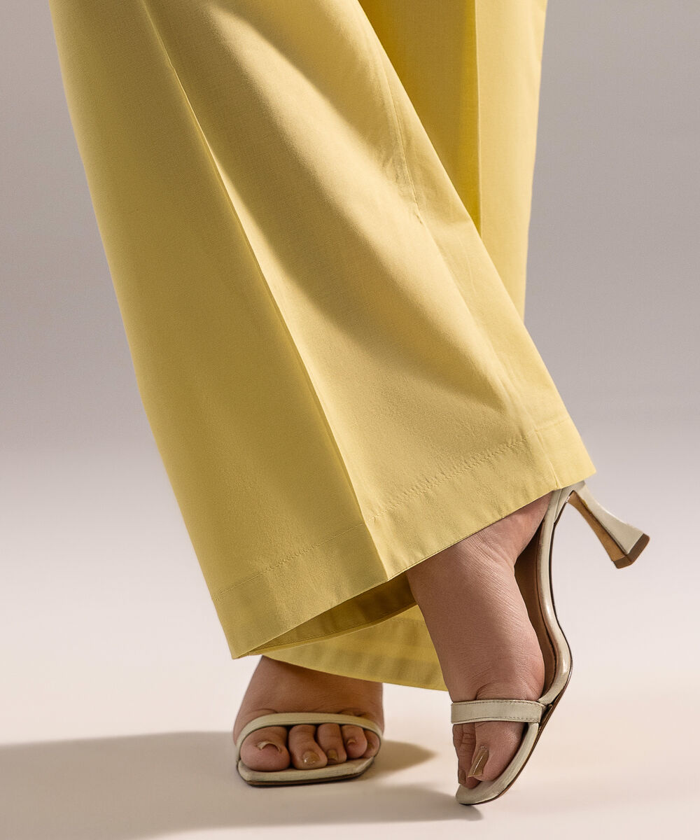 Women's RTW Cambric Solid Pale Yellow Flared Pants