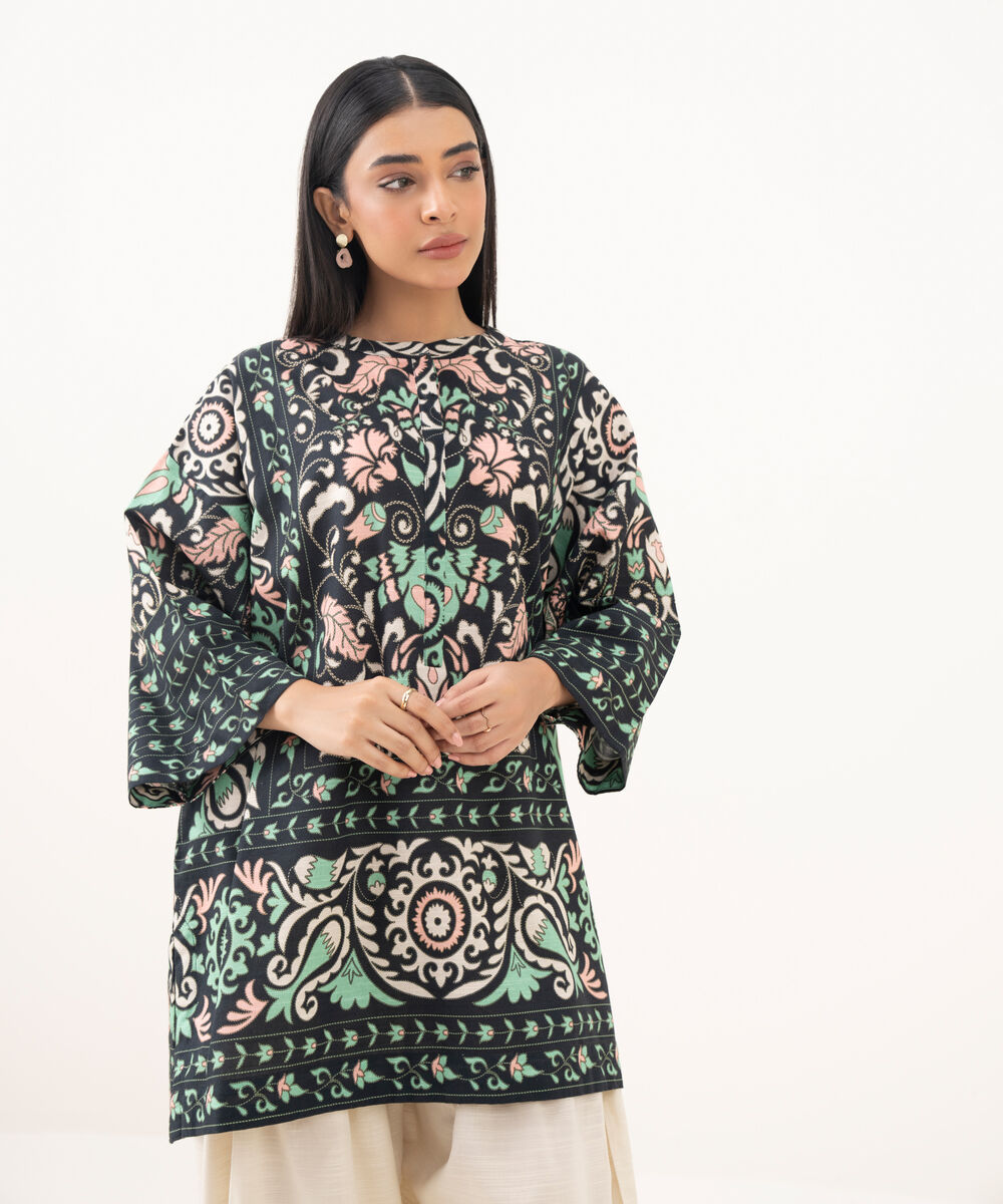 Women's RTW Light Khaddar Printed Black Boxy Shirt