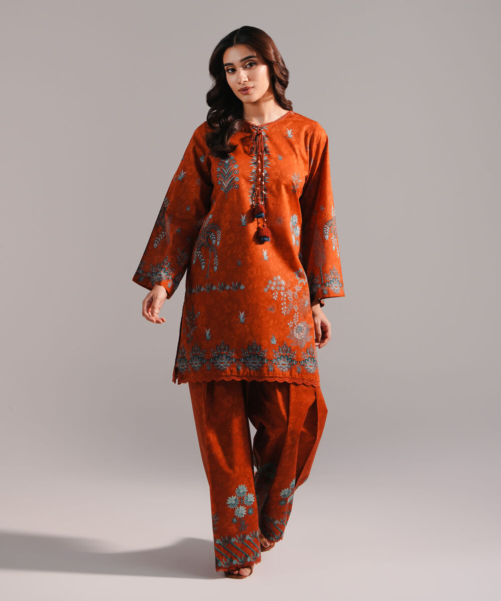 Women's RTW Lawn Printed Rust 2 Piece Suit