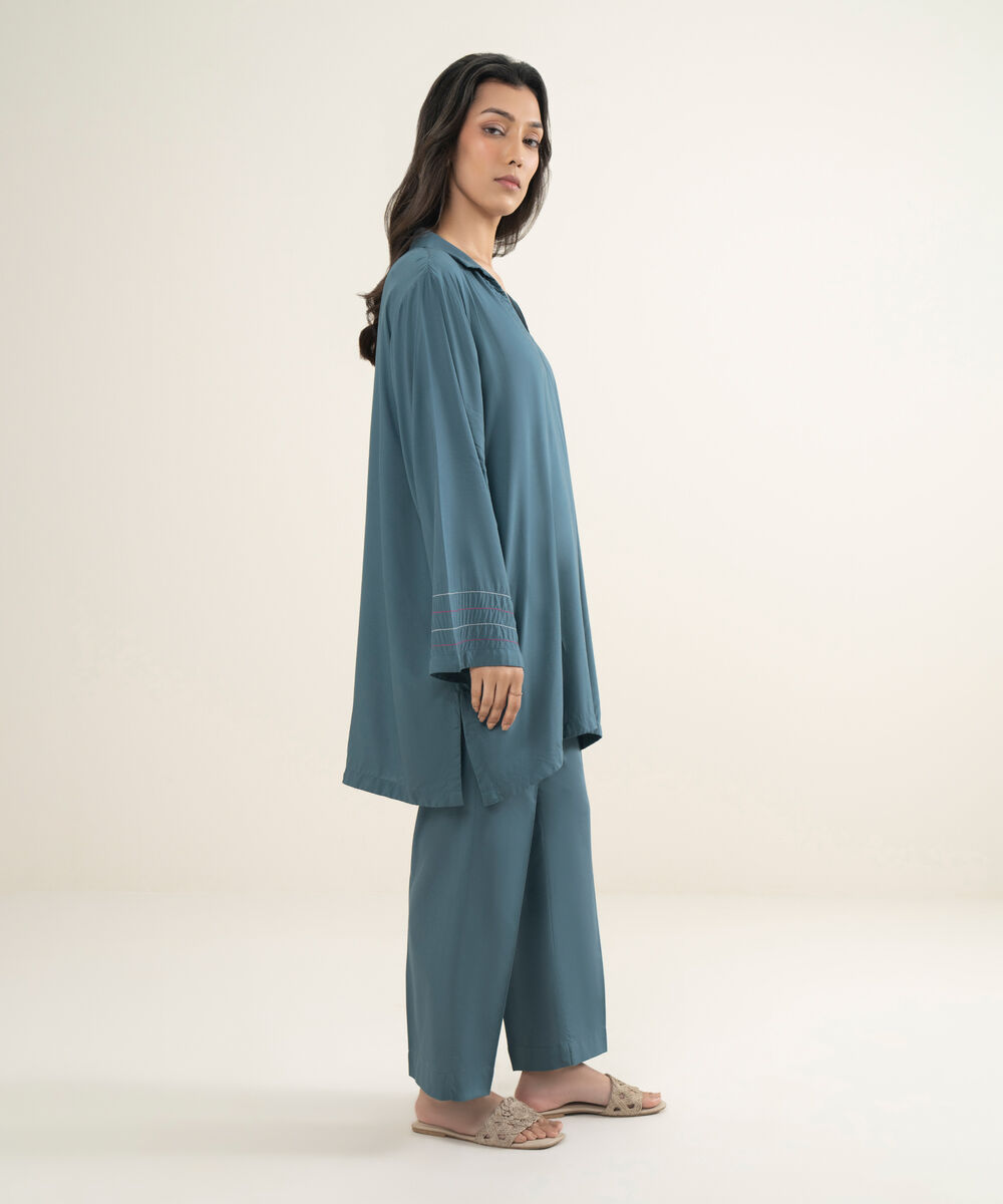 Women's RTW Cambric Solid Teal Straight Pants