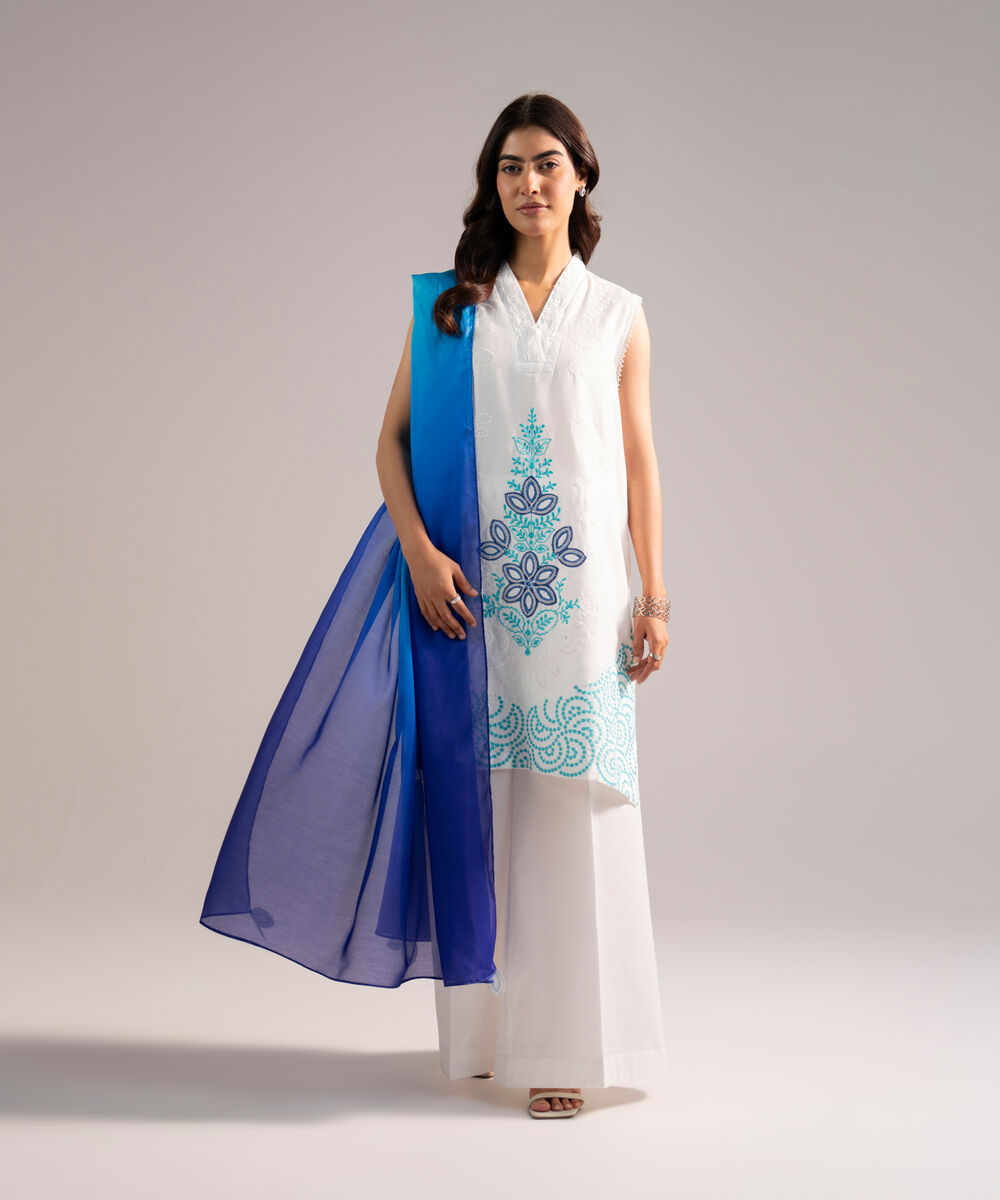 Women's RTW Cotton Satin Embroidered White 2 Piece Suit