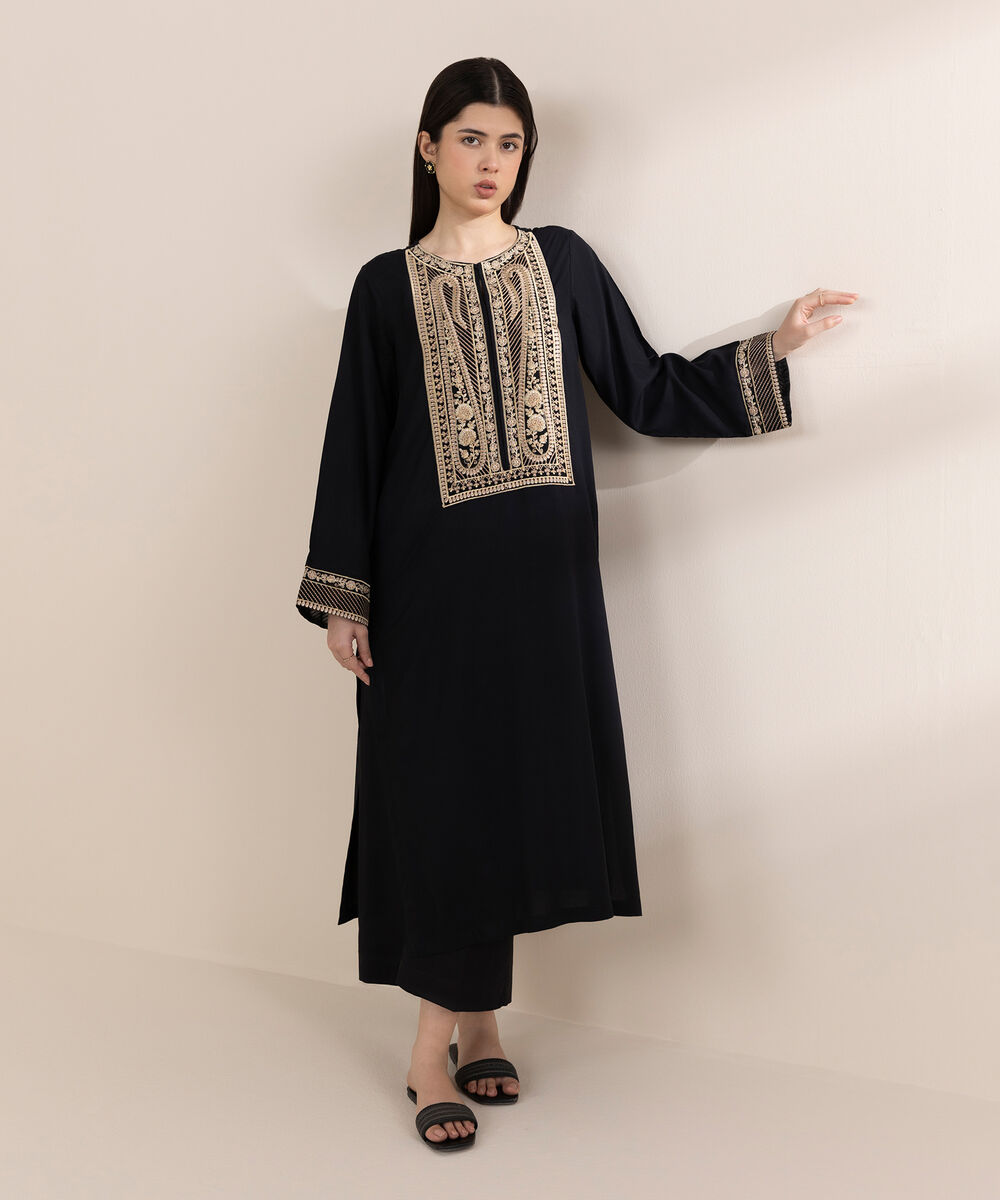 Women's RTW Arabic Lawn Black Embroidered A-Line Shirt