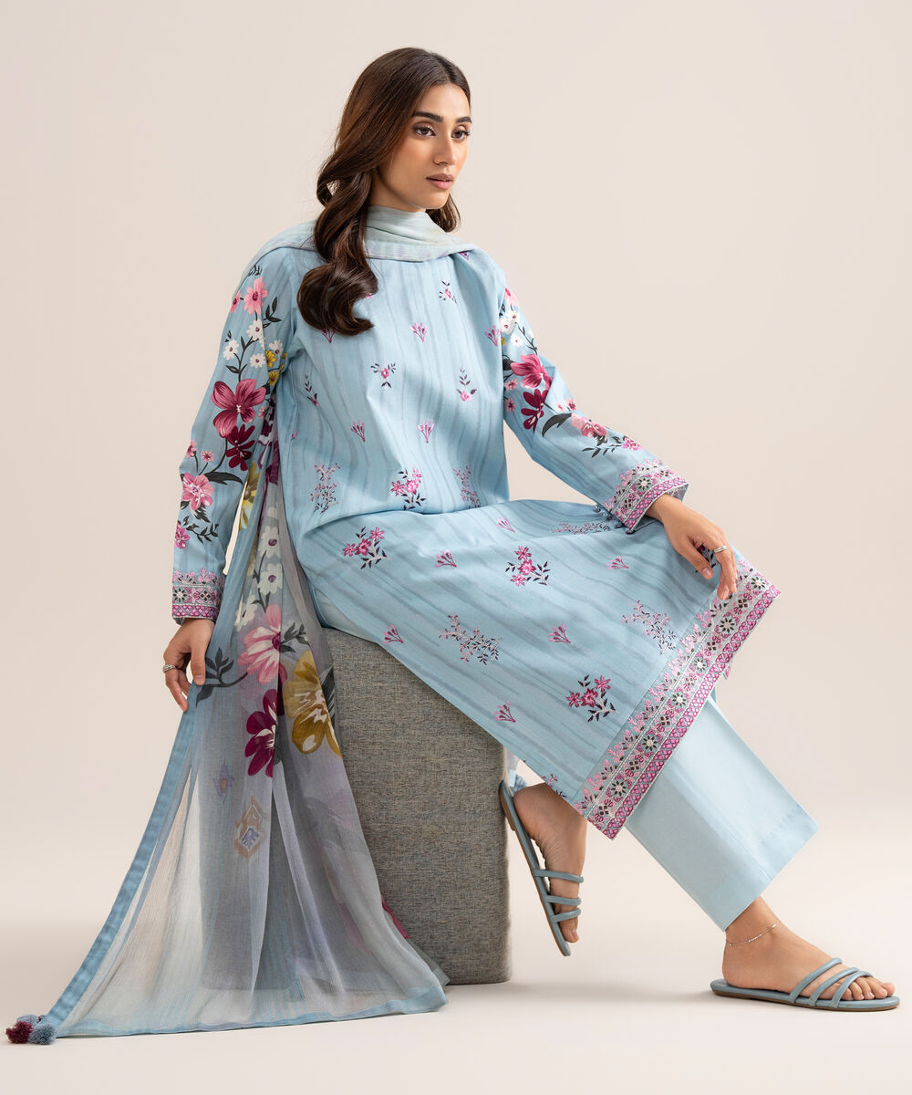 Women's Unstitched Lawn Embroidered Blue  3 Piece Suit