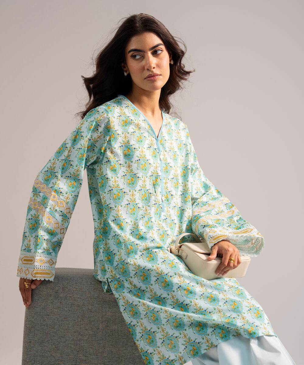 Women's RTW Lawn Embroidered Light Blue Straight Shirt