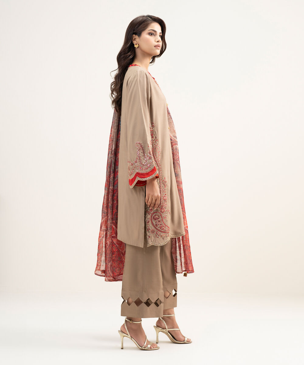 Women's RTW Viscose Raw Silk Embroidered Maroon 3 Piece Suit