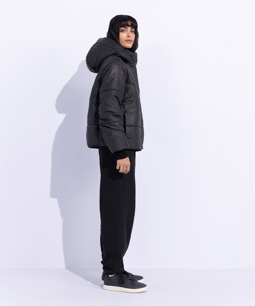 Woman - Black Quilted Jacket with Removable Hood