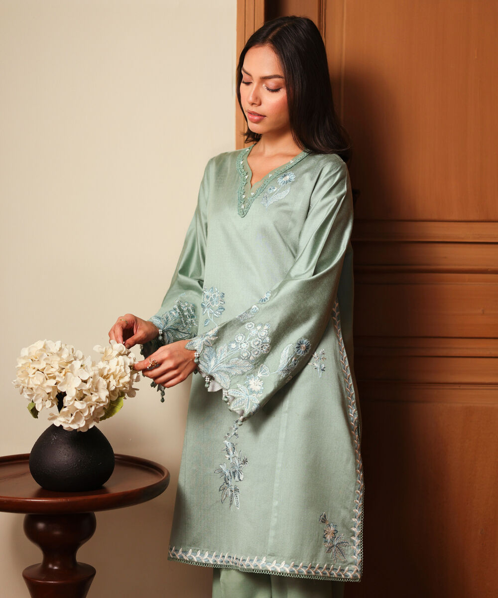 Women's RTW Silk Cotton Net Embroidered Green 2 Piece Suit