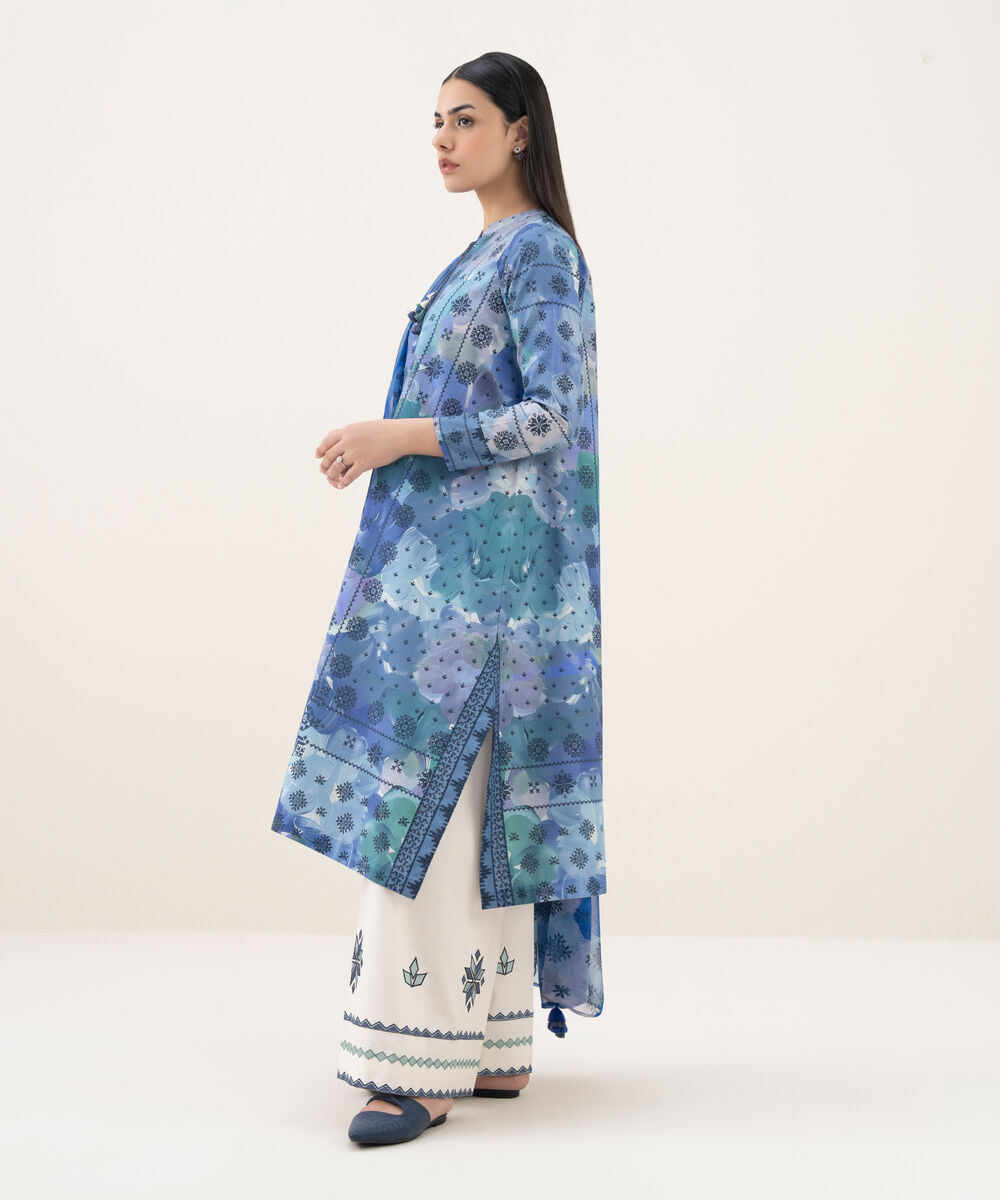 Women's Unstitched Cotton Printed Blue 2 Piece Suit