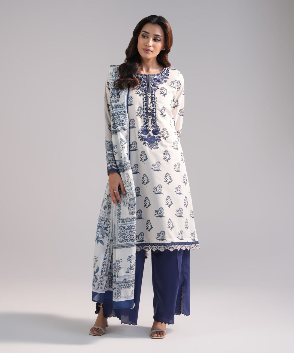 Women's RTW Zari Lawn Embroidered White 3 Piece Suit