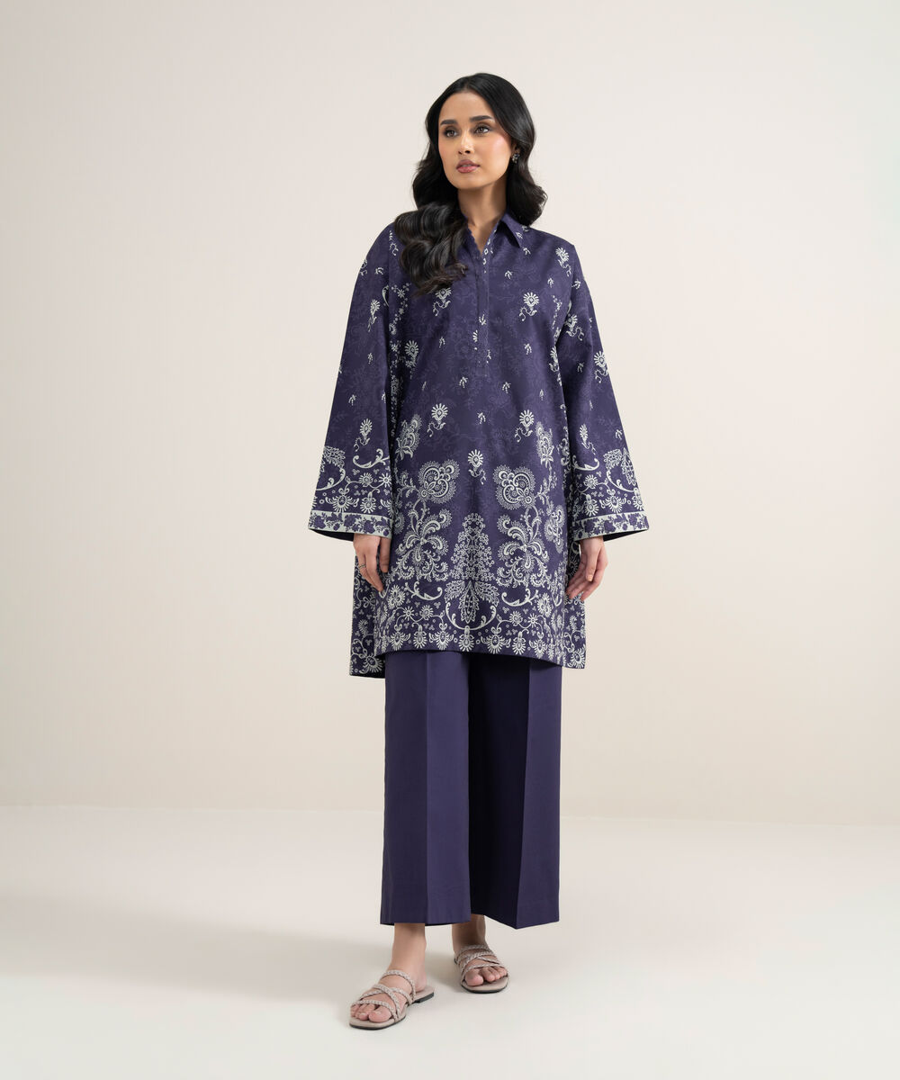 Women's Unstitched Lawn Printed Purple and Off White 2 Piece Suit
