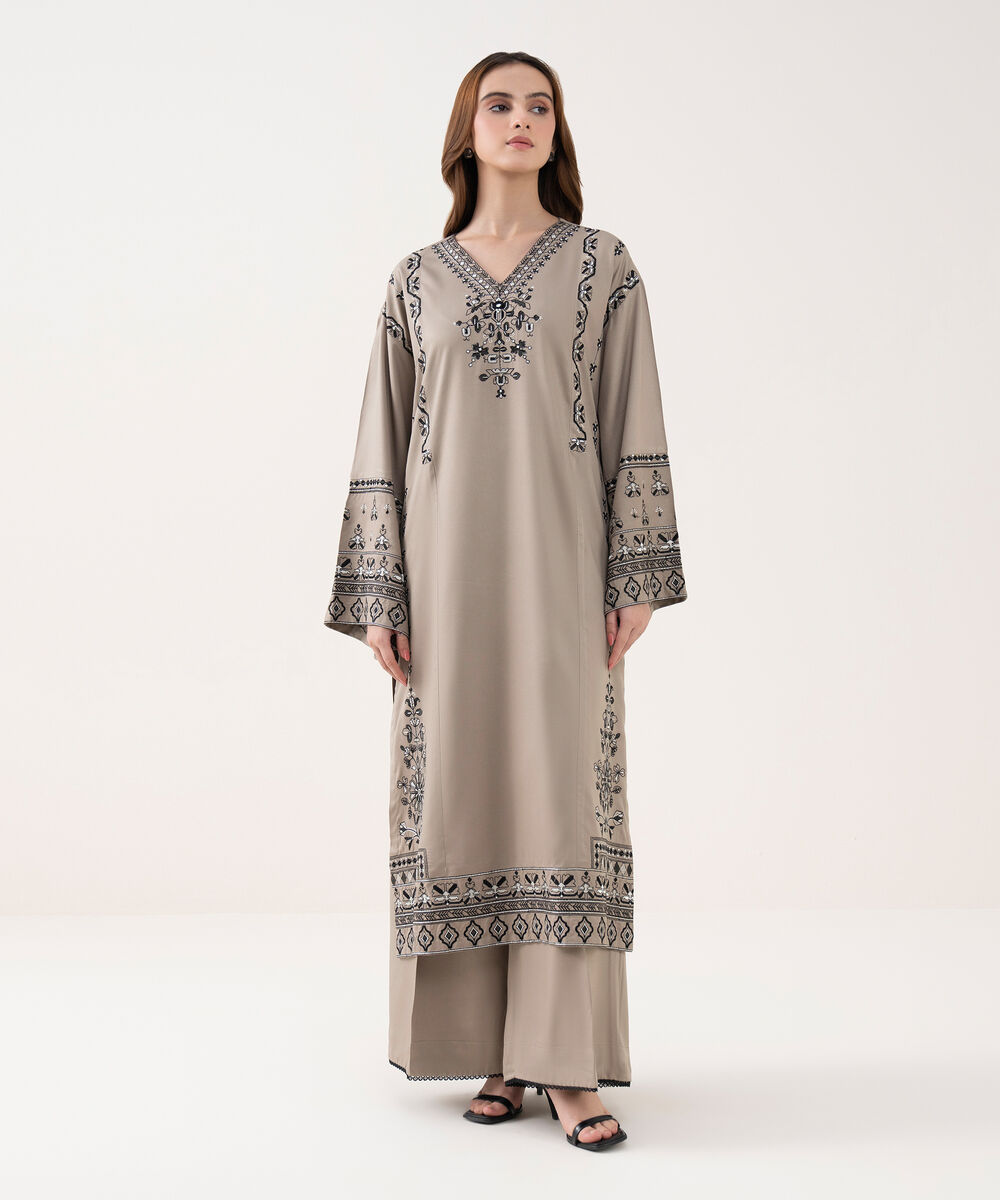 Women's RTW Viscose Marina Embroidered Straight Grey Shirt