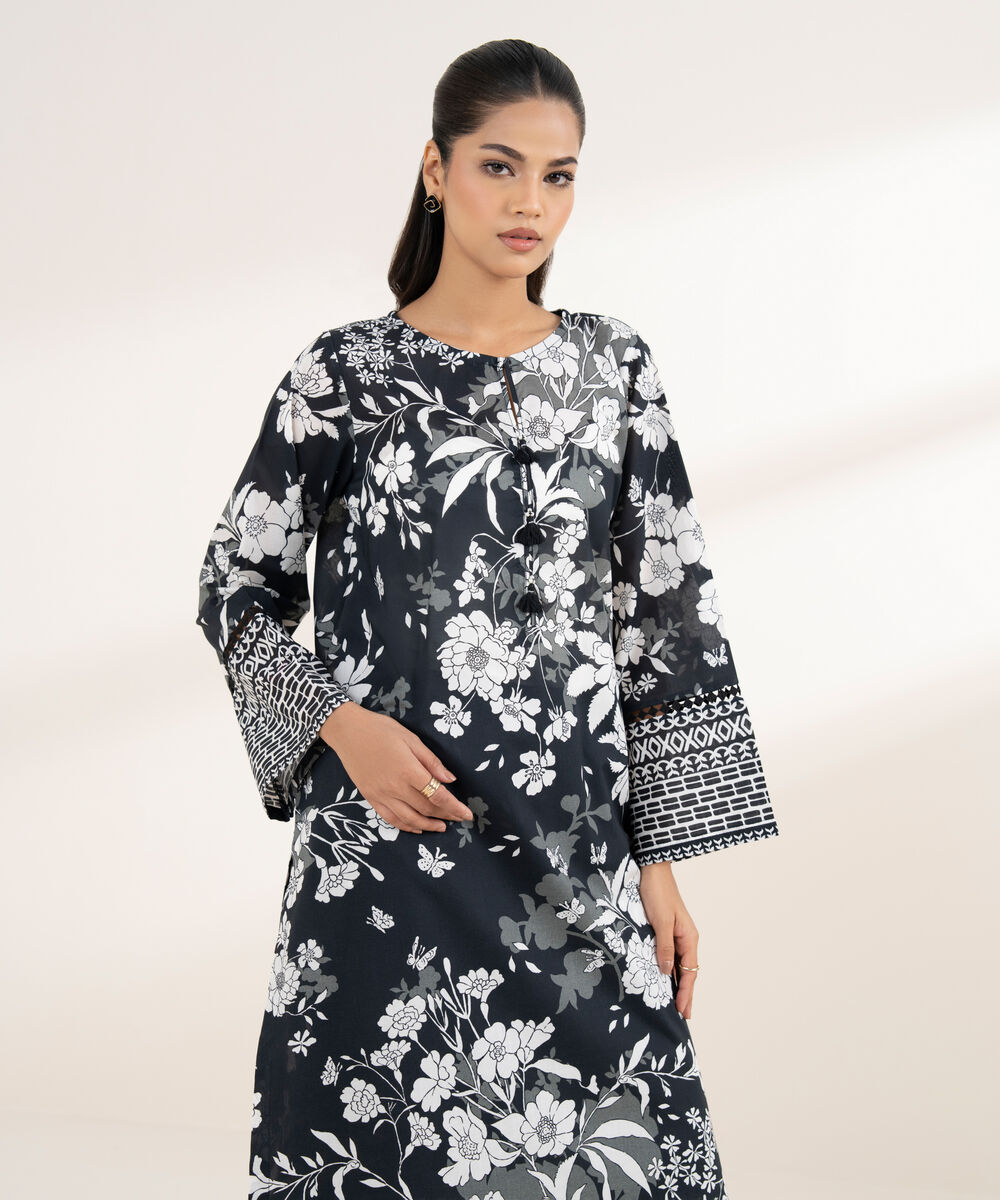 Women's RTW Cambric Black Printed A-Line Shirt