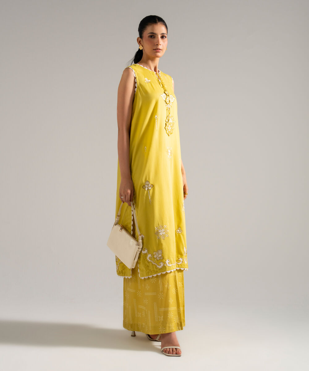 Women's RTW Dobby Embroidered Yellow 2 Piece Suit