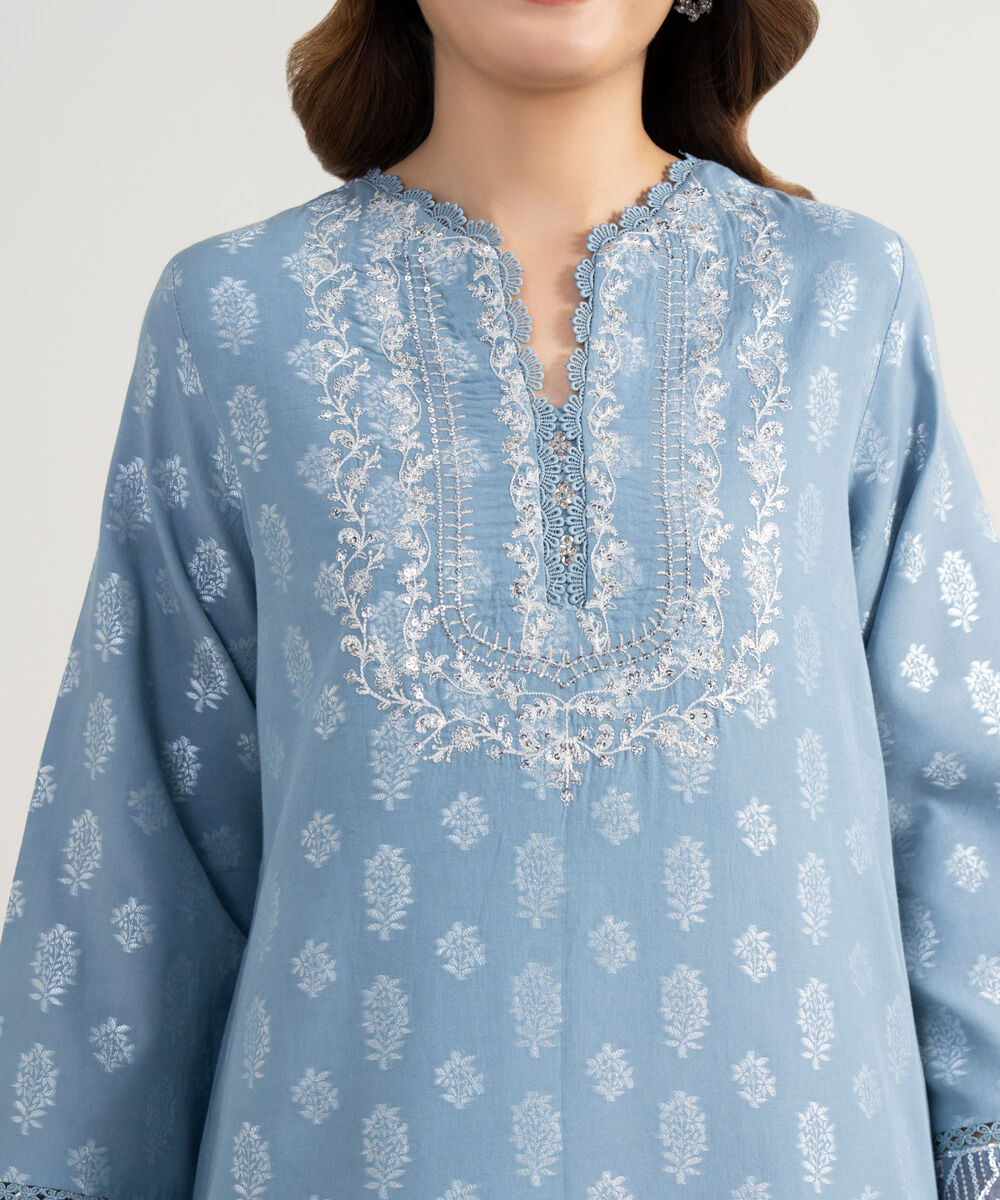 Women's Unstitched Extra Weft Jacquard Embroidered Blue 3 Piece Suit