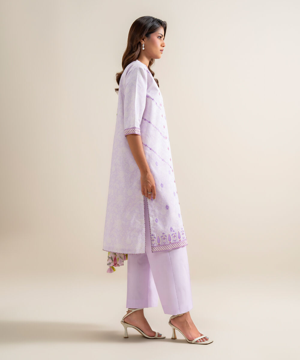Women's Unstitched Zari Cotton Embroidered Purple 3 Piece Suit